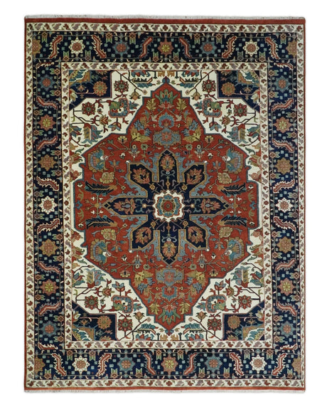 9x12 Premium Fine Hand Knotted Blue, Brown and Ivory Traditional wool Area Rug