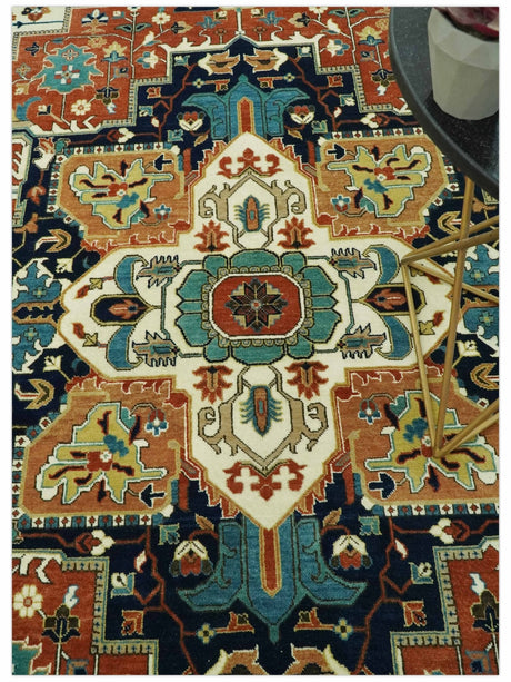 9x12 Rust and Ivory Fine Hand Knotted Traditional Heriz wool area rug