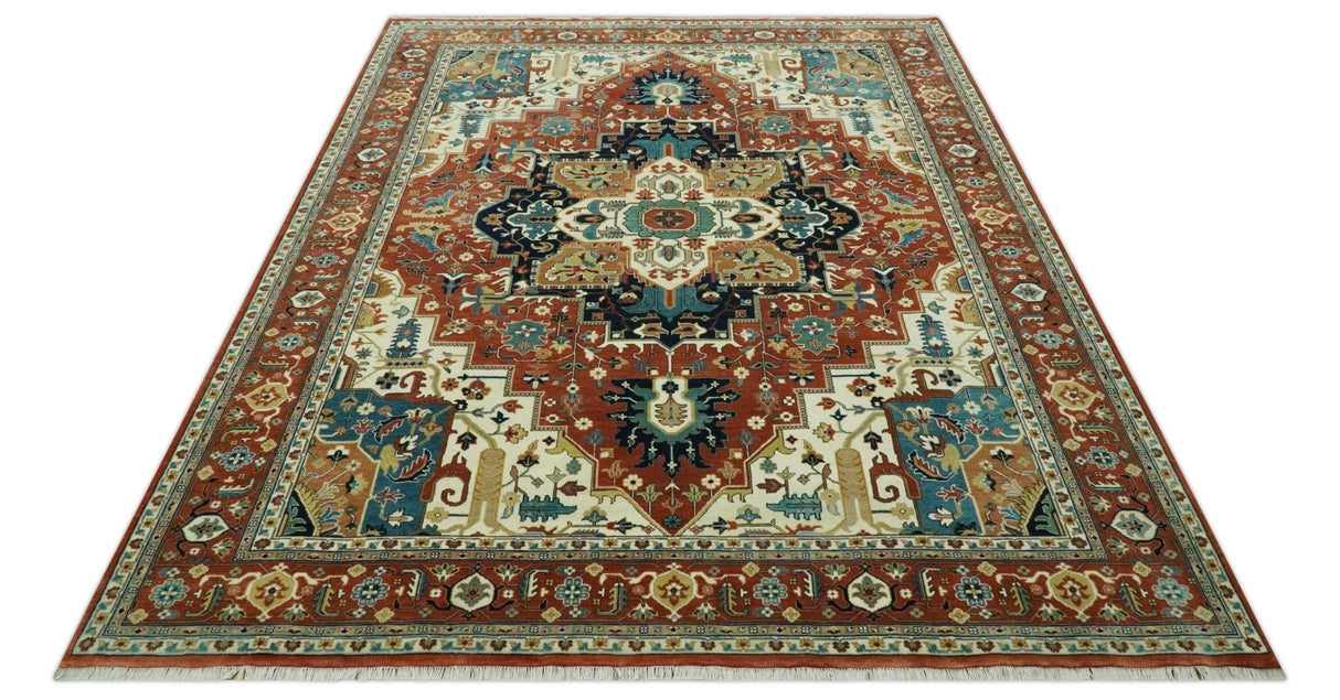 9x12 Rust and Ivory Fine Hand Knotted Traditional Heriz wool area rug