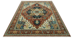 9x12 Rust and Ivory Fine Hand Knotted Traditional Heriz wool area rug