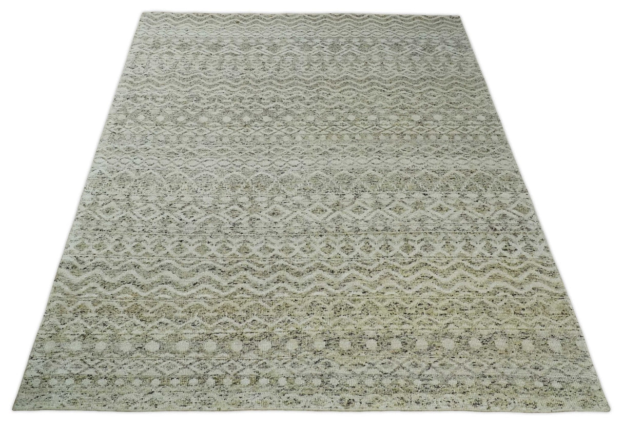 9x12 and 10x14 Hand Knotted Ivory, Beige and Brown Modern Contemporary Southwestern Tribal Trellis Recycled Silk Area Rug | OP28