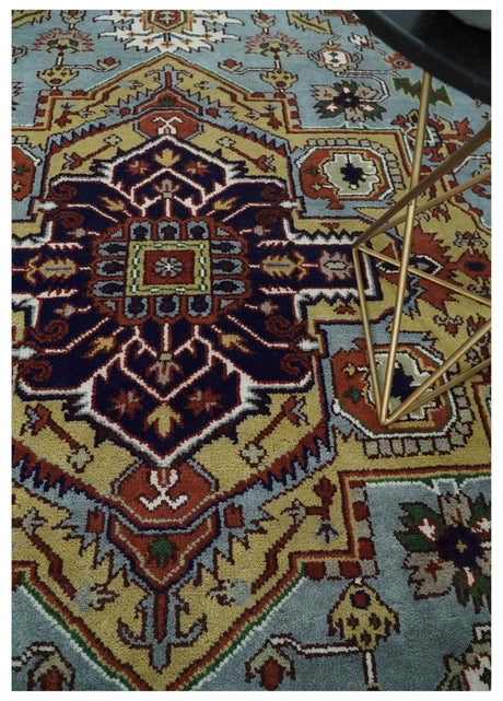 9x12 and Runner Traditional Mustard, Silver and Ivory Hand knotted wool Area Rug