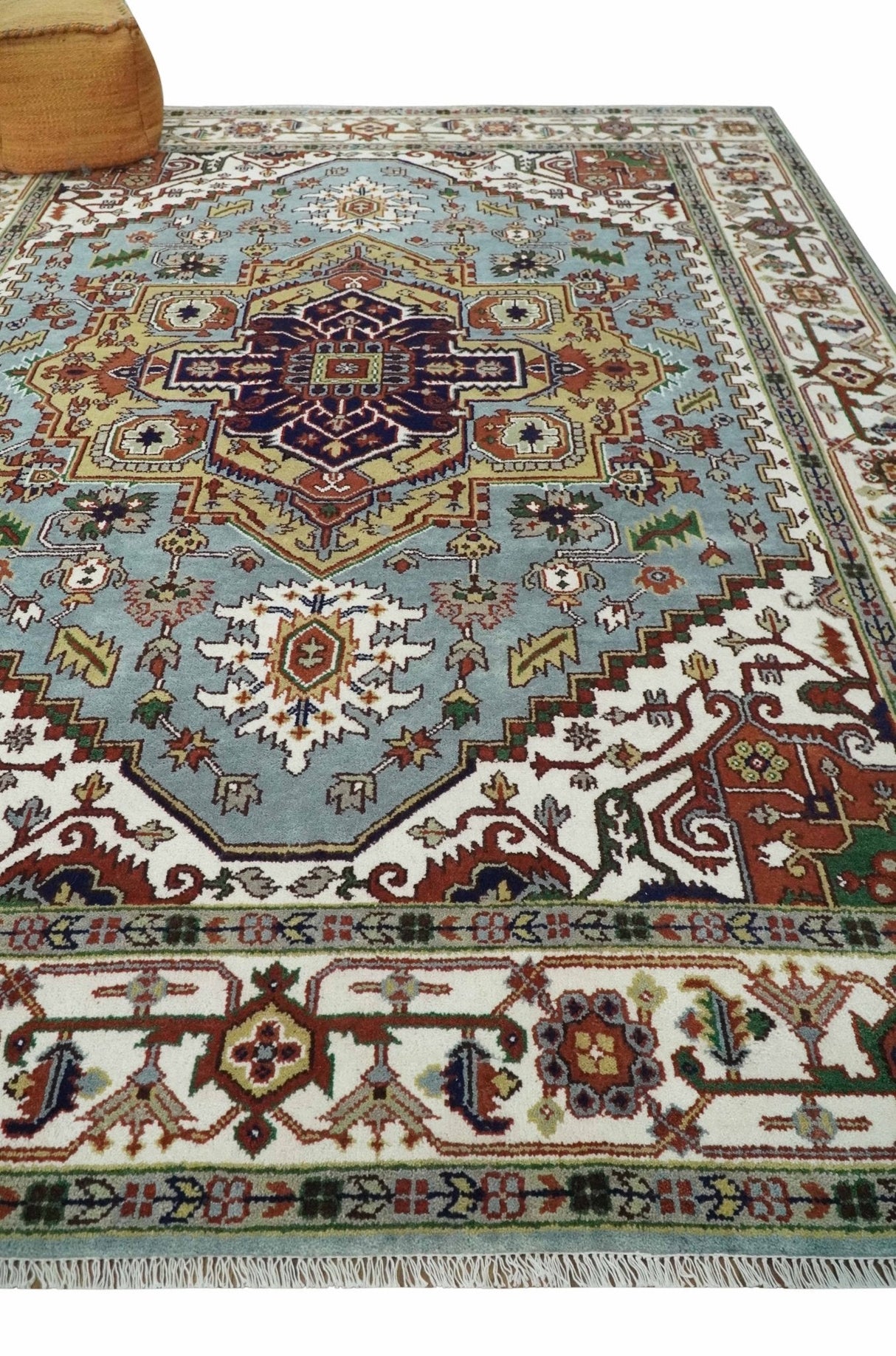 9x12 and Runner Traditional Mustard, Silver and Ivory Hand knotted wool Area Rug