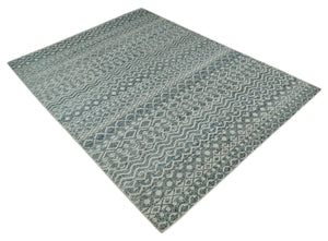 9x13 Hand Knotted Ivory and Teal Blue Modern Contemporary Southwestern Tribal Trellis Recycled Silk Area Rug | OP51