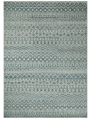 9x13 Hand Knotted Ivory and Teal Blue Modern Contemporary Southwestern Tribal Trellis Recycled Silk Area Rug | OP51