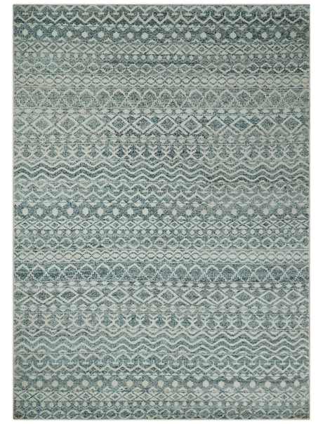 9x13 Hand Knotted Ivory and Teal Blue Modern Contemporary Southwestern Tribal Trellis Recycled Silk Area Rug | OP51