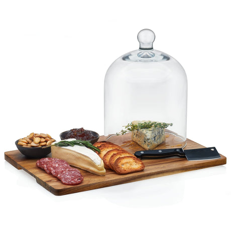 Acaciawood 4 Piece Cheese Board Serving Set with Glass Dome