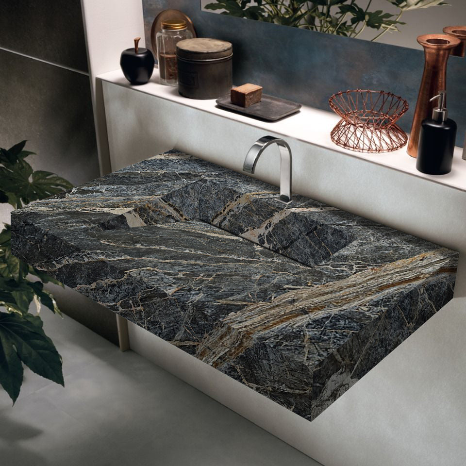 Adriatic Black Marble Modern Rectangular Sink Wall-mount Bathroom Sink