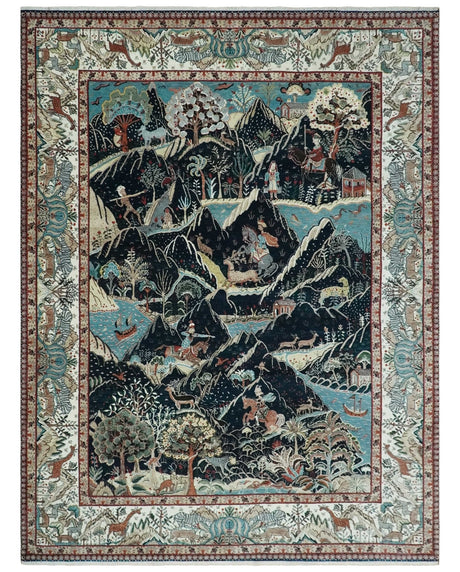 Animal Hunting Rug 8x10 and 9.3x12.4 Wool Black, Rust and Ivory Hand knotted Area Rug, Old style Rug