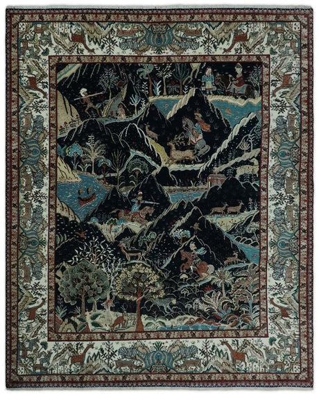 Animal Hunting Rug 8x10 and 9.3x12.4 Wool Black, Rust and Ivory Hand knotted Area Rug, Old style Rug