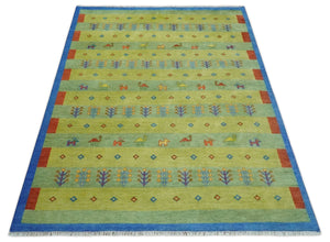 Animal and Tree Life Green, Blue and Rust Hand knotted Traditional Multi Size Wool Area Rug, Kids, Living Room and Bedroom Rug
