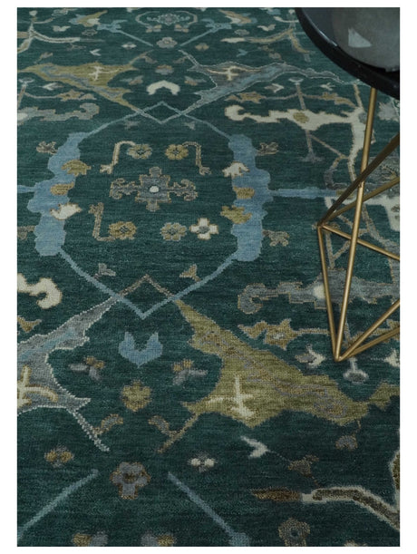 Antique 8x10 Hand Knotted Oriental Oushak Teal Green and Gray Wool Area Rug