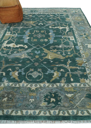Antique 8x10 Hand Knotted Oriental Oushak Teal Green and Gray Wool Area Rug
