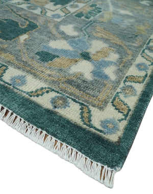 Antique 8x10 Hand Knotted Oriental Oushak Teal Green and Gray Wool Area Rug
