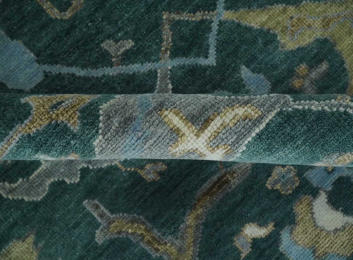 Antique 8x10 Hand Knotted Oriental Oushak Teal Green and Gray Wool Area Rug