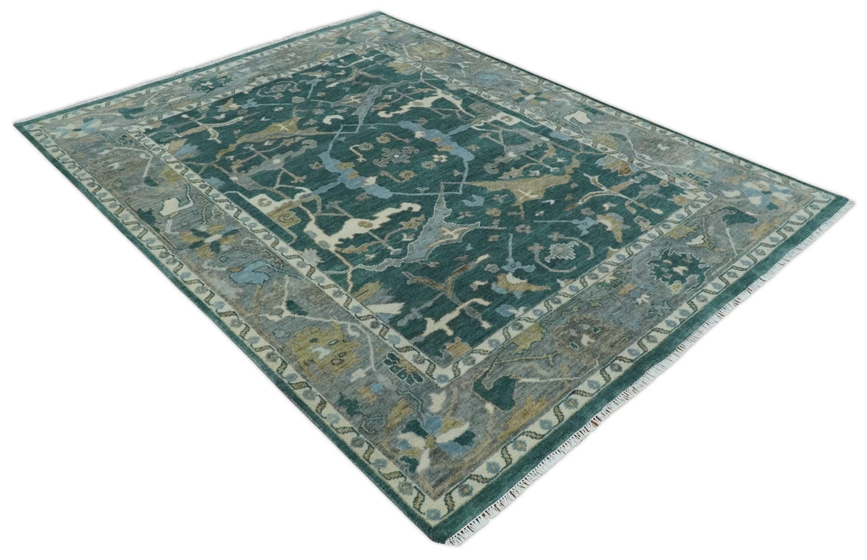 Antique 8x10 Hand Knotted Oriental Oushak Teal Green and Gray Wool Area Rug