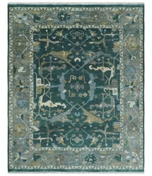 Antique 8x10 Hand Knotted Oriental Oushak Teal Green and Gray Wool Area Rug