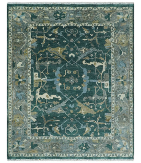 Antique 8x10 Hand Knotted Oriental Oushak Teal Green and Gray Wool Area Rug