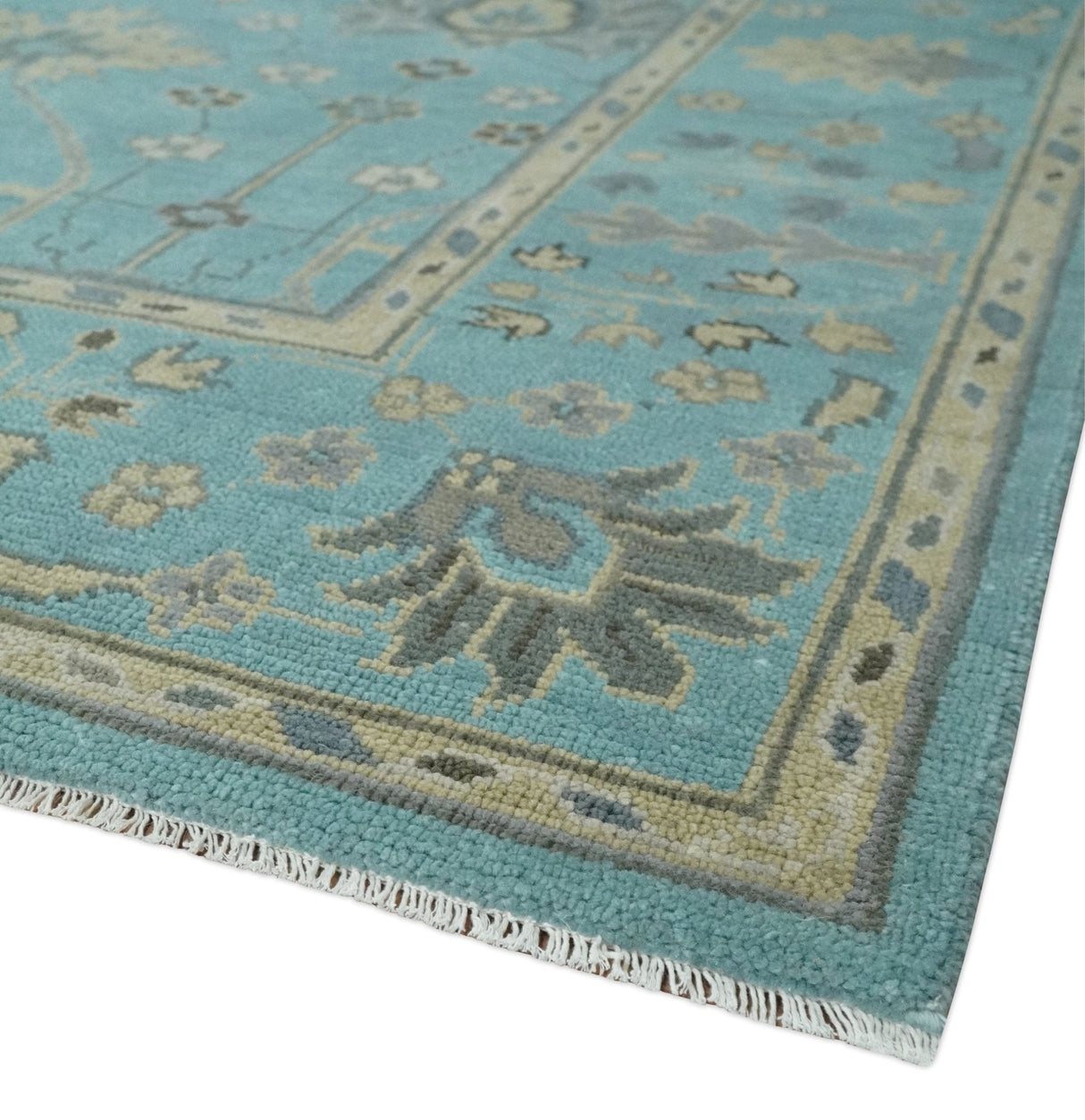 Antique Blue, Silver and Beige Hand Knotted Multi Size Traditional Floral Vintage Wool Area Rug