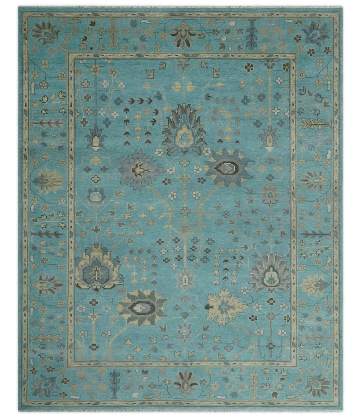 Antique Blue, Silver and Beige Hand Knotted Multi Size Traditional Floral Vintage Wool Area Rug