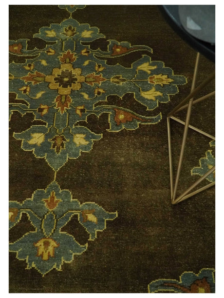 Antique Brown and Blue 8x10 Hand Knotted Heriz Serapi Medallion Area Rug | AC19810