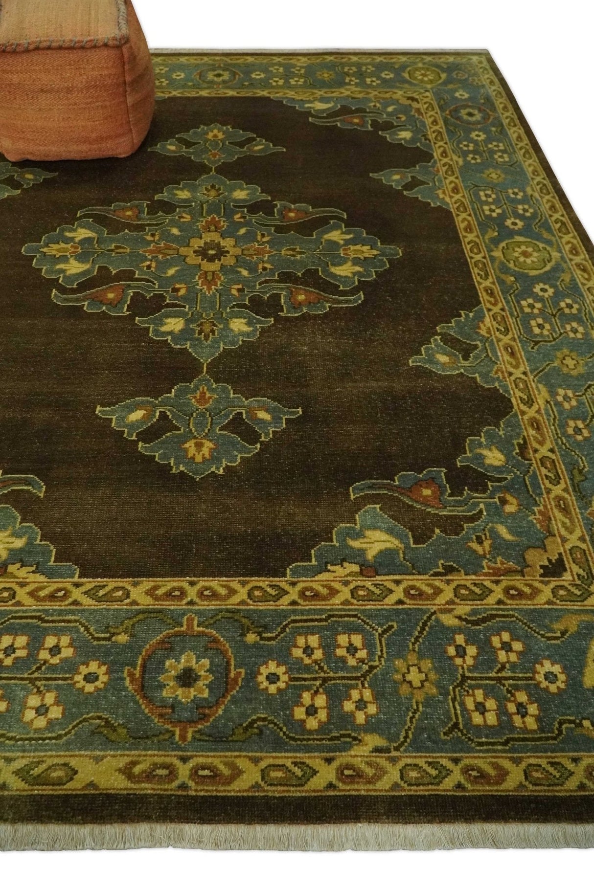 Antique Brown and Blue 8x10 Hand Knotted Heriz Serapi Medallion Area Rug | AC19810