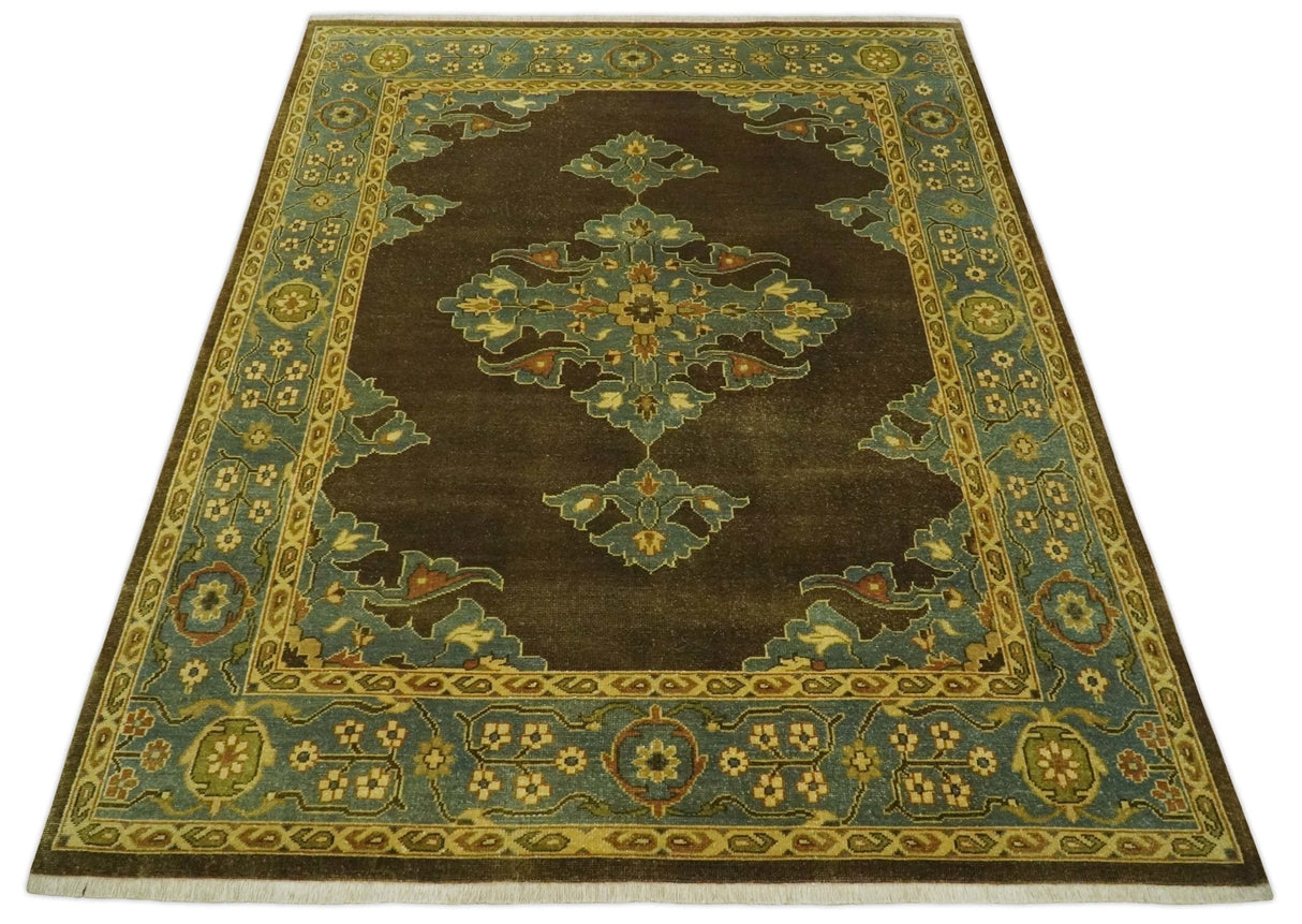 Antique Brown and Blue 8x10 Hand Knotted Heriz Serapi Medallion Area Rug | AC19810