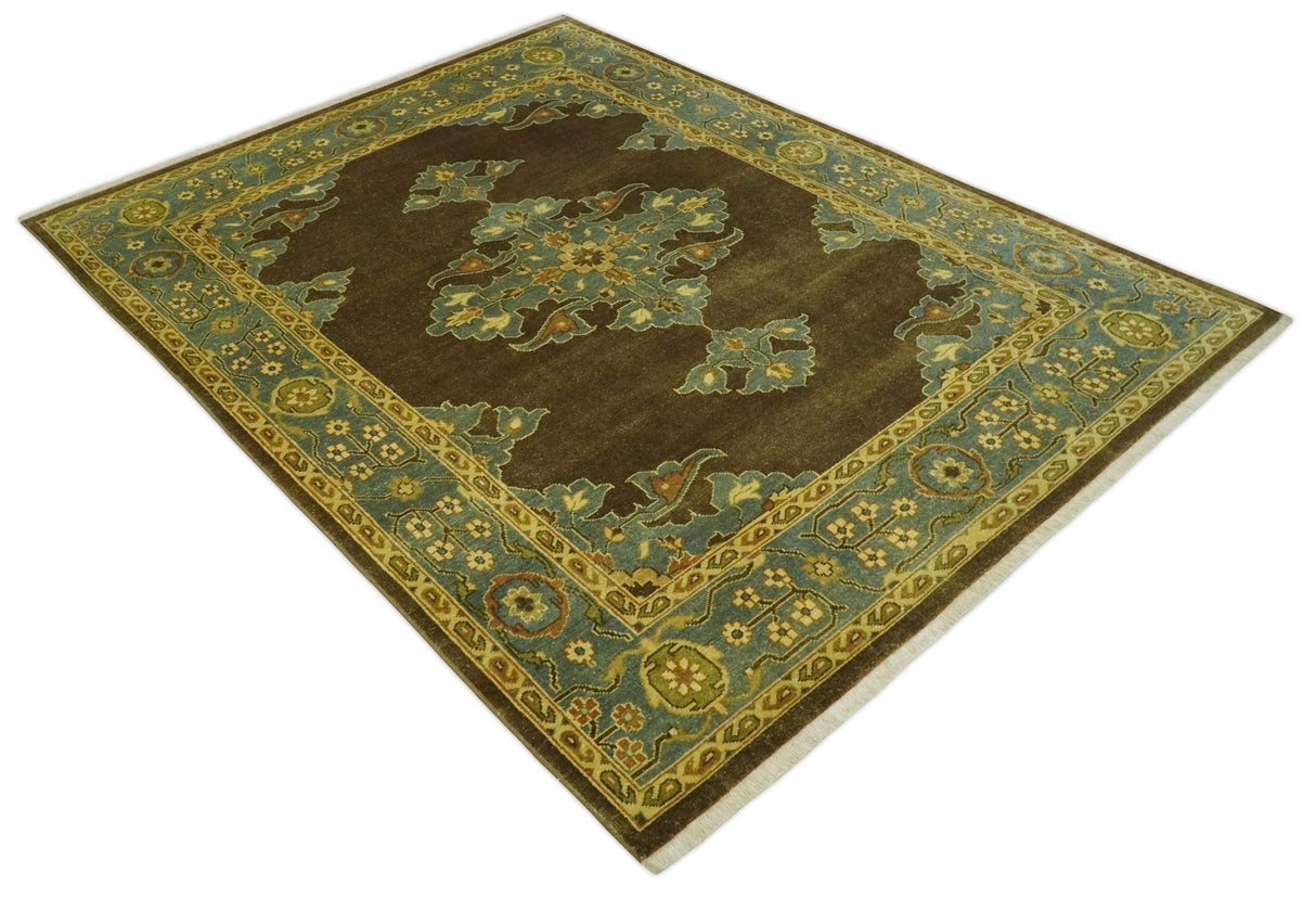 Antique Brown and Blue 8x10 Hand Knotted Heriz Serapi Medallion Area Rug | AC19810