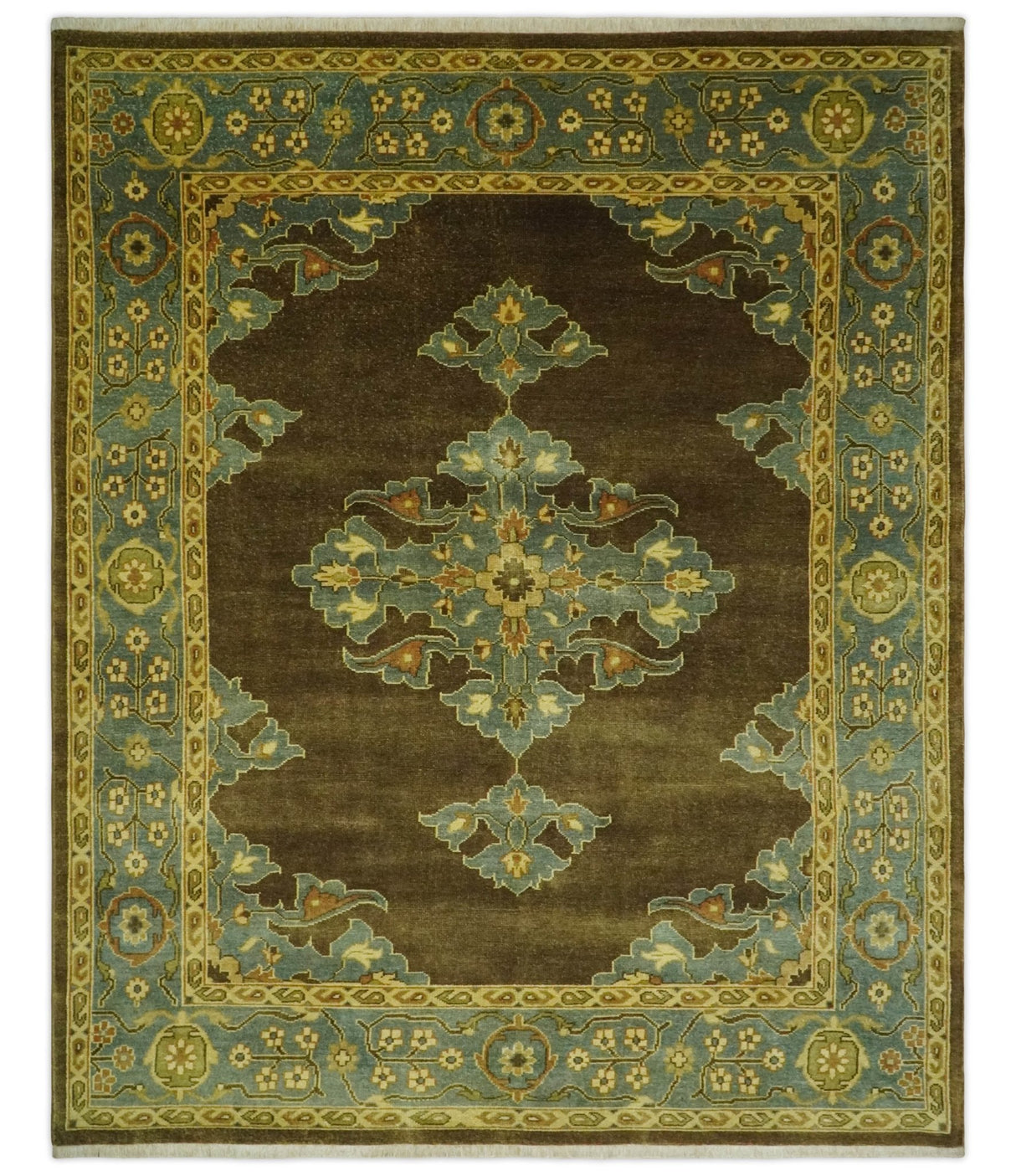 Antique Brown and Blue 8x10 Hand Knotted Heriz Serapi Medallion Area Rug | AC19810