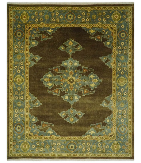 Antique Brown and Blue 8x10 Hand Knotted Heriz Serapi Medallion Area Rug | AC19810
