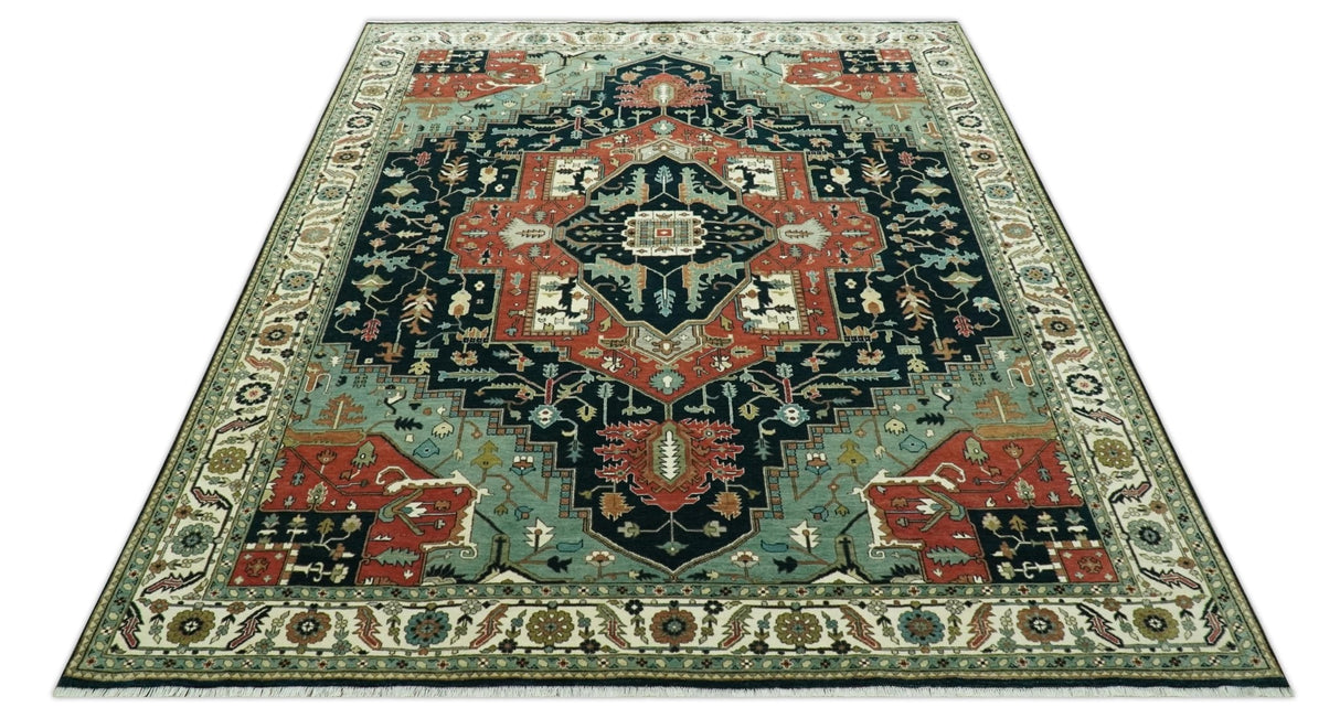 Antique Design Rust, Teal and Green Fine Hand knotted Traditional Heriz 9x12 wool area rug