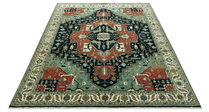 Antique Design Rust, Teal and Green Fine Hand knotted Traditional Heriz 9x12 wool area rug