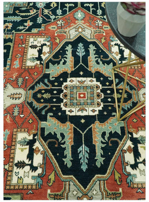 Antique Design Rust, Teal and Green Fine Hand knotted Traditional Heriz 9x12 wool area rug