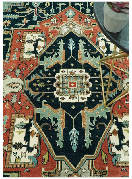 Antique Design Rust, Teal and Green Fine Hand knotted Traditional Heriz 9x12 wool area rug