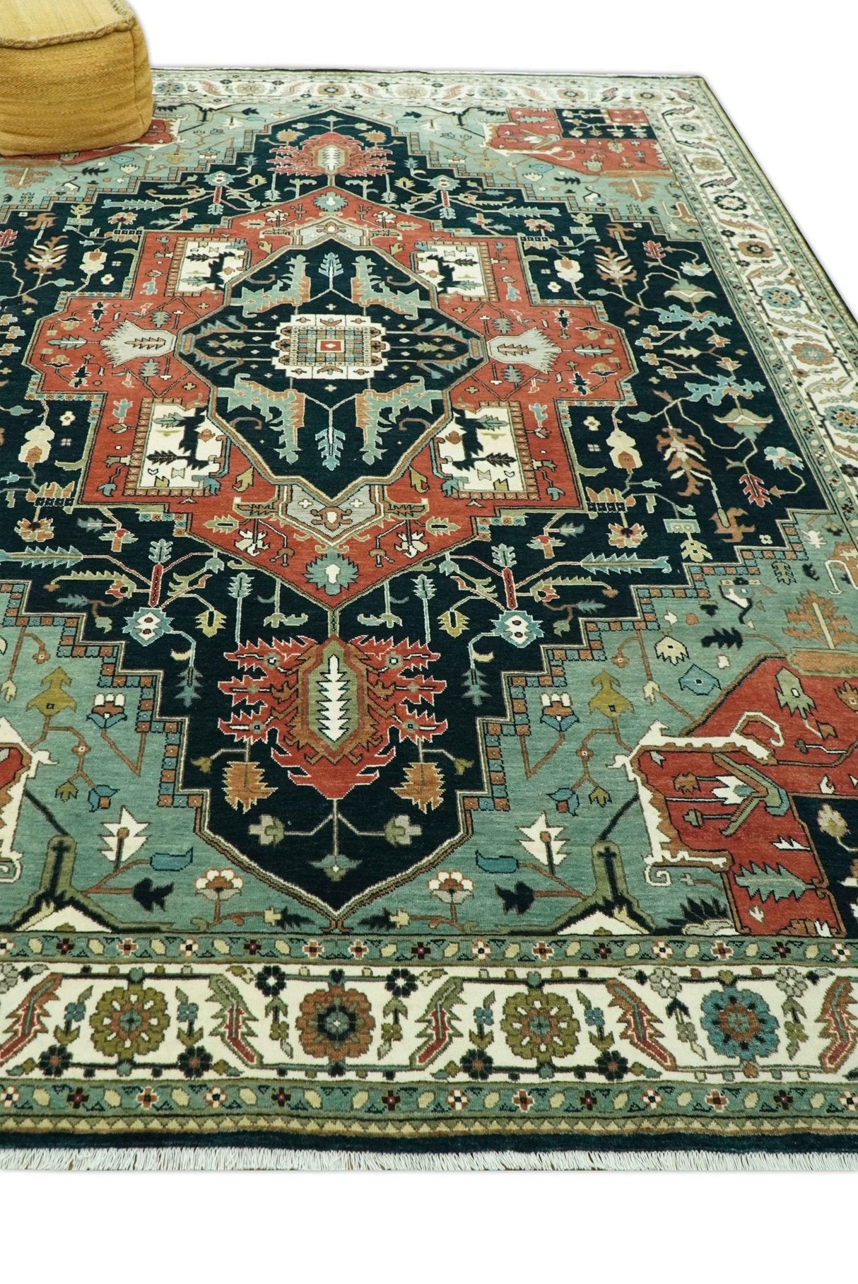 Antique Design Rust, Teal and Green Fine Hand knotted Traditional Heriz 9x12 wool area rug