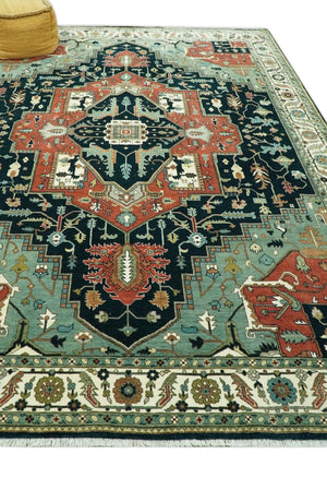 Antique Design Rust, Teal and Green Fine Hand knotted Traditional Heriz 9x12 wool area rug