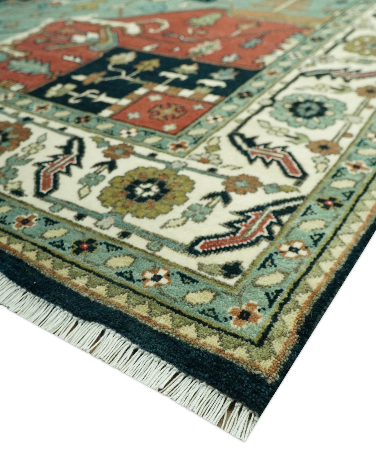 Antique Design Rust, Teal and Green Fine Hand knotted Traditional Heriz 9x12 wool area rug