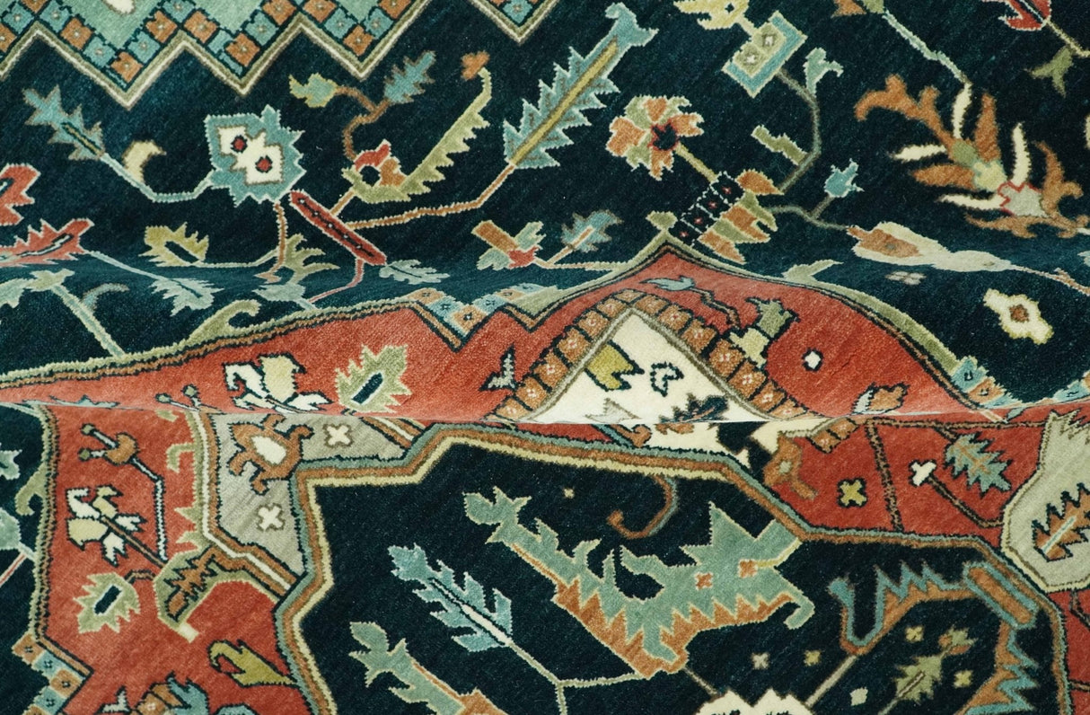 Antique Design Rust, Teal and Green Fine Hand knotted Traditional Heriz 9x12 wool area rug