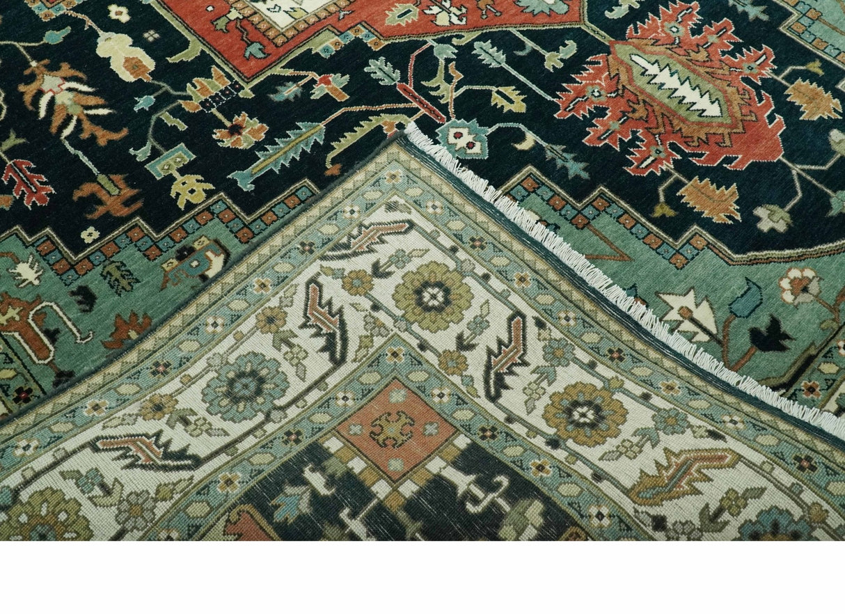 Antique Design Rust, Teal and Green Fine Hand knotted Traditional Heriz 9x12 wool area rug