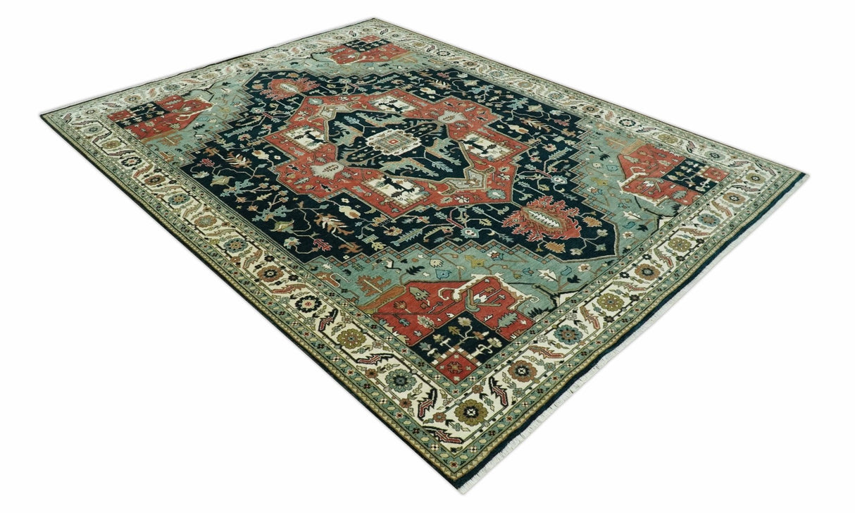 Antique Design Rust, Teal and Green Fine Hand knotted Traditional Heriz 9x12 wool area rug