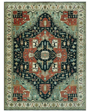 Antique Design Rust, Teal and Green Fine Hand knotted Traditional Heriz 9x12 wool area rug