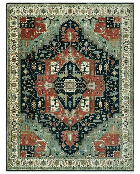 Antique Design Rust, Teal and Green Fine Hand knotted Traditional Heriz 9x12 wool area rug