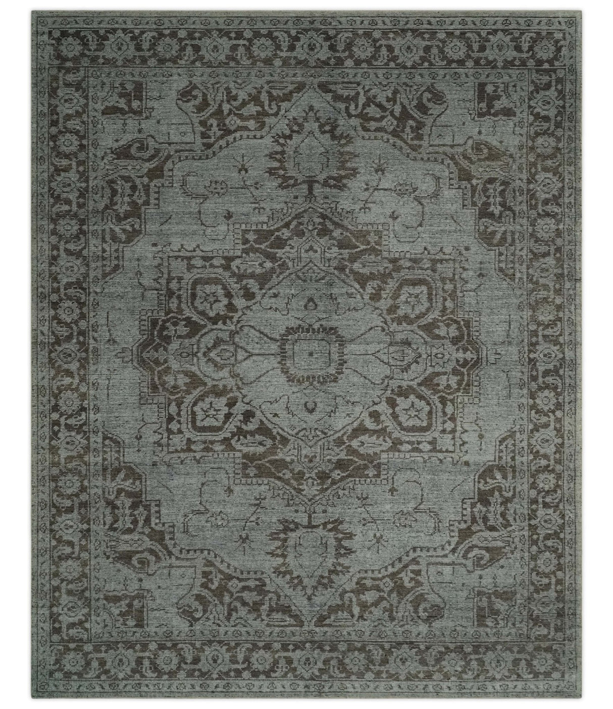 Antique Design Traditional Heriz Medallion Silver, Charcoal and Brown Hand Knotted 8x10 wool area Rug