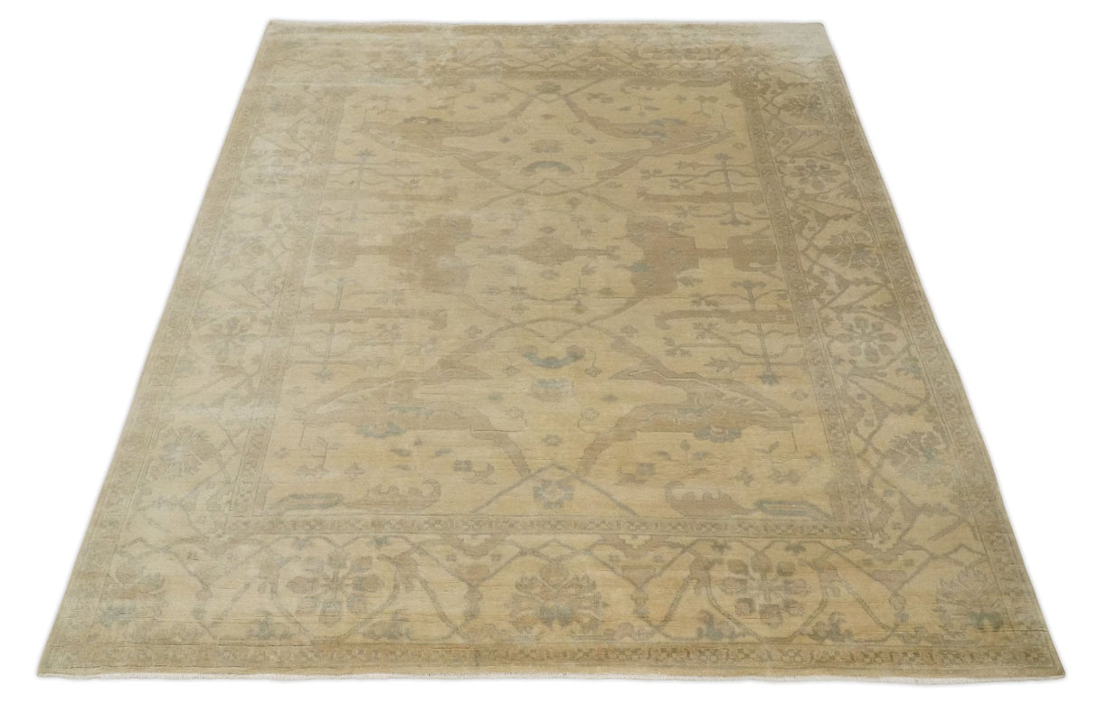 Antique Finish Hand Knotted 8x10 Beige and Brown Traditional Oushak Area Rug