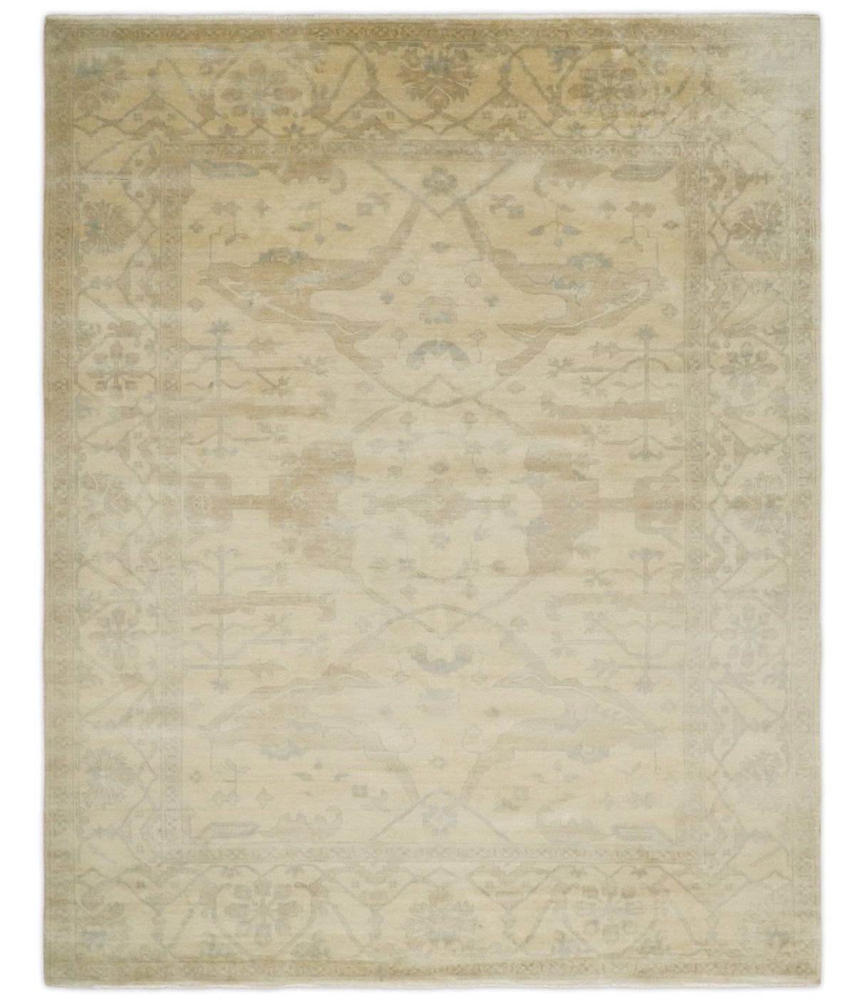 Antique Finish Hand Knotted 8x10 Beige and Brown Traditional Oushak Area Rug