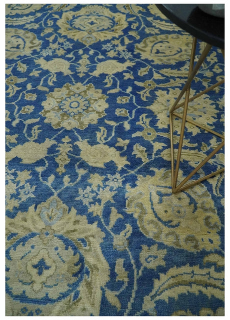 Antique Finish Oushak 8x10 Hand Knotted Blue and Beige Traditional Wool Area Rug