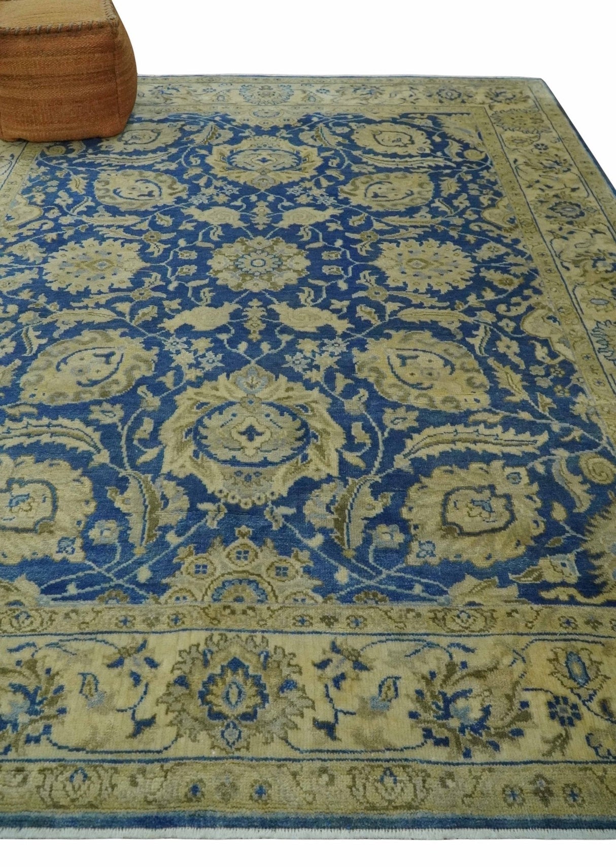 Antique Finish Oushak 8x10 Hand Knotted Blue and Beige Traditional Wool Area Rug