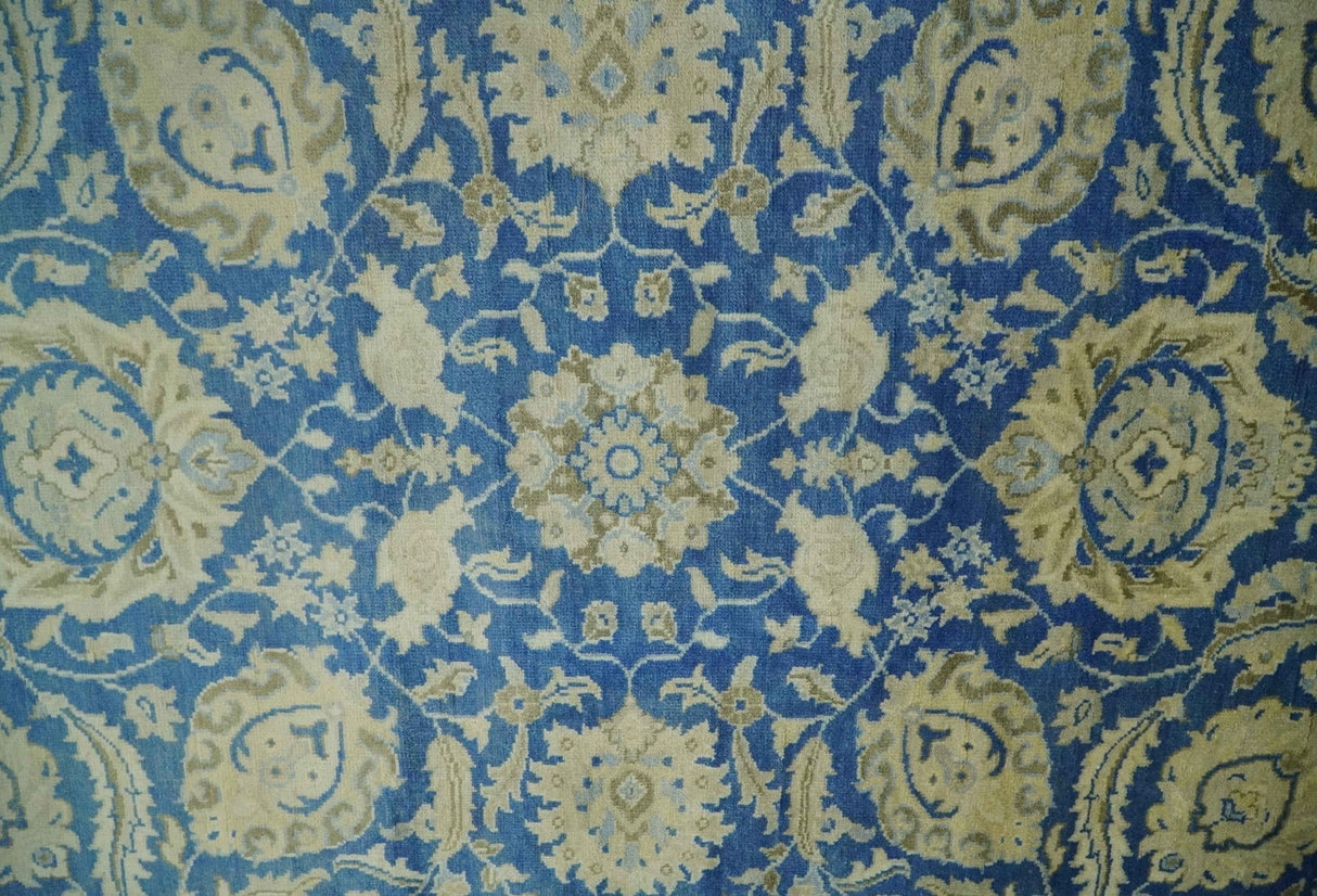 Antique Finish Oushak 8x10 Hand Knotted Blue and Beige Traditional Wool Area Rug
