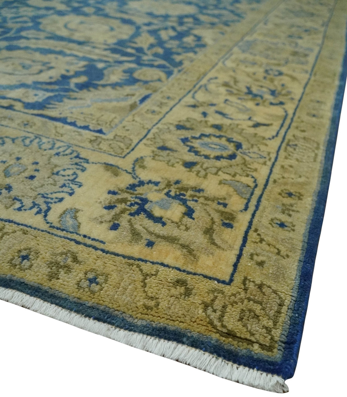 Antique Finish Oushak 8x10 Hand Knotted Blue and Beige Traditional Wool Area Rug