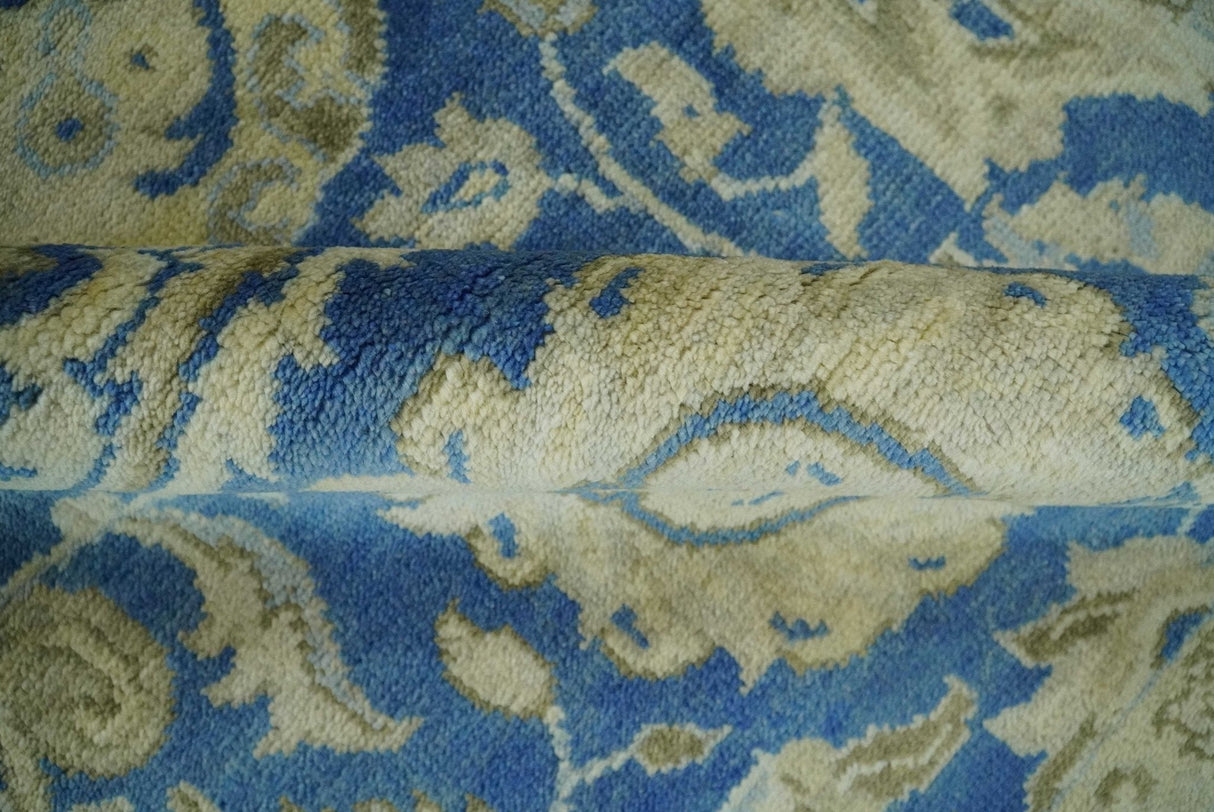 Antique Finish Oushak 8x10 Hand Knotted Blue and Beige Traditional Wool Area Rug